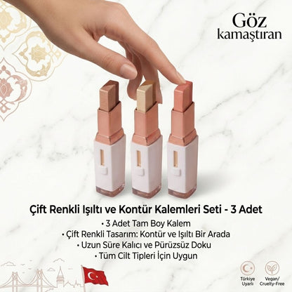 Khoco Çift Renkli Kalem Far Stick – Asansörlü,suya dayanıklı, kalıcı & Işıltılı Göz Farı