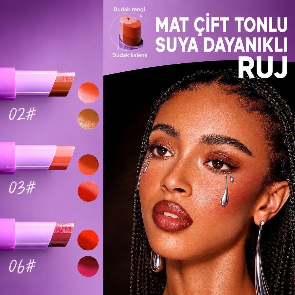 Khoco Çift Renkli Mat Ruj - Suya Dayanıklı & Kalıcı İki Renkli Ruj