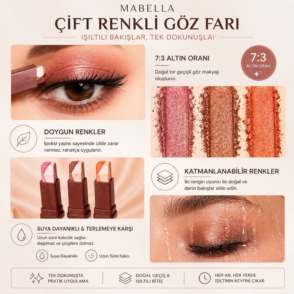 Khoco Çift Renkli Kalem Far Stick – Asansörlü,suya dayanıklı, kalıcı & Işıltılı Göz Farı