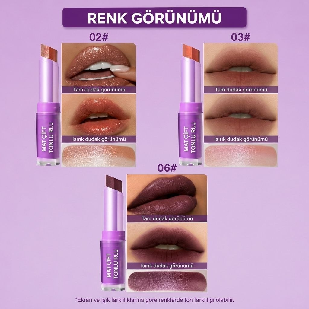 Khoco Çift Renkli Mat Ruj - Suya Dayanıklı & Kalıcı İki Renkli Ruj