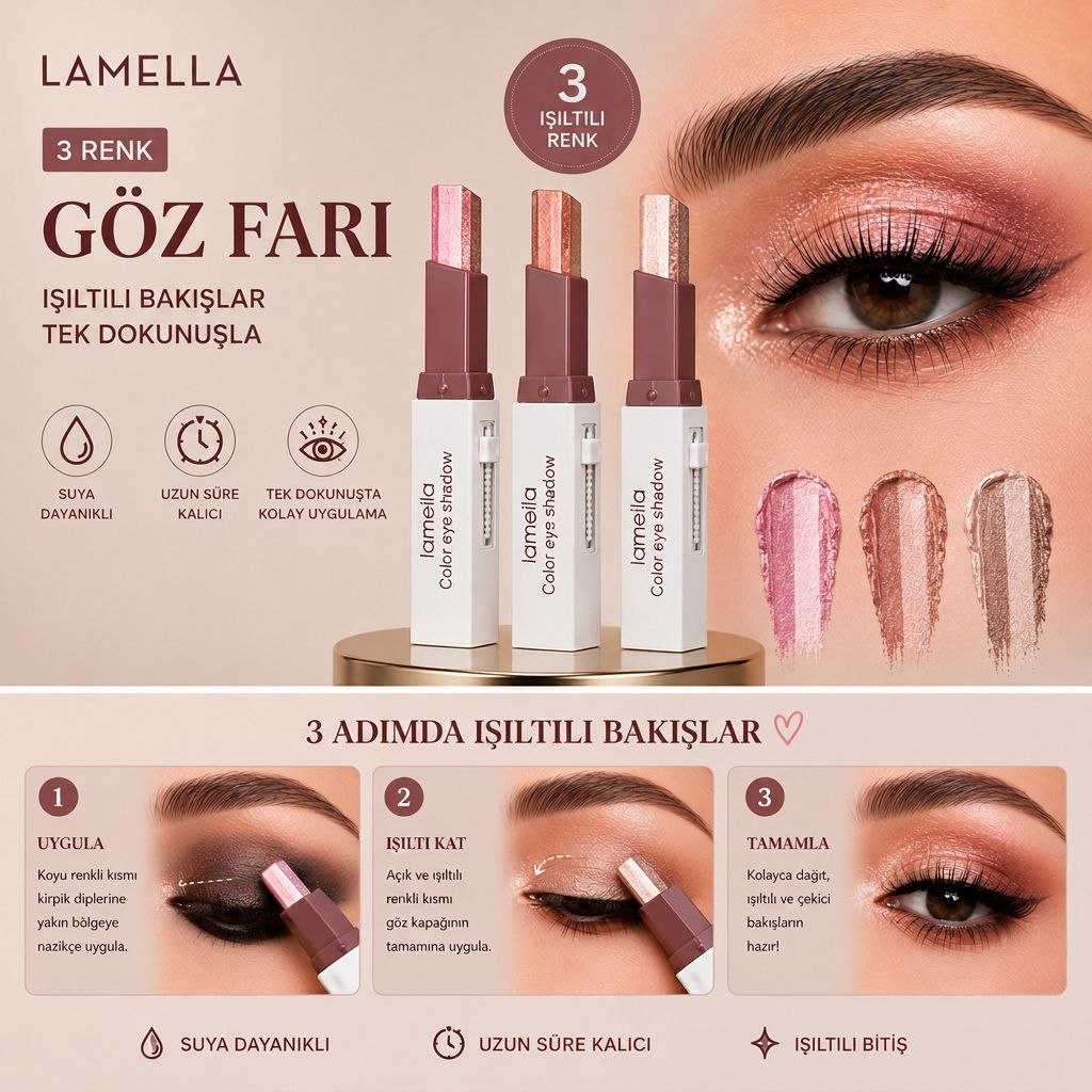 Khoco Çift Renkli Kalem Far Stick – Asansörlü,suya dayanıklı, kalıcı & Işıltılı Göz Farı
