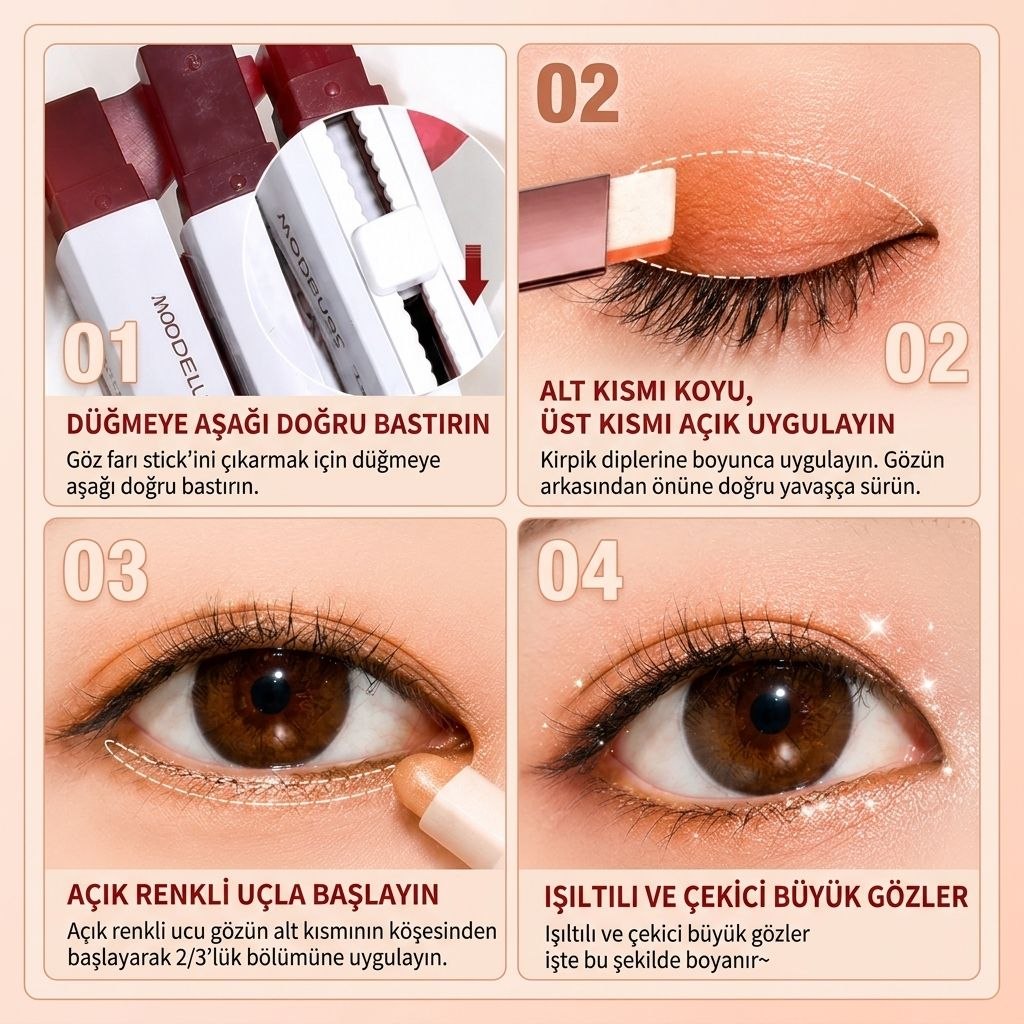 Khoco Çift Renkli Kalem Far Stick – Asansörlü,suya dayanıklı, kalıcı & Işıltılı Göz Farı