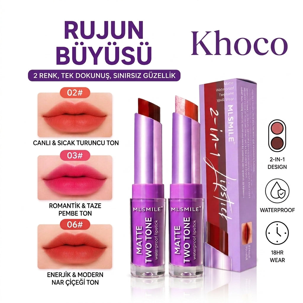 Khoco Çift Renkli Mat Ruj - Suya Dayanıklı & Kalıcı İki Renkli Ruj