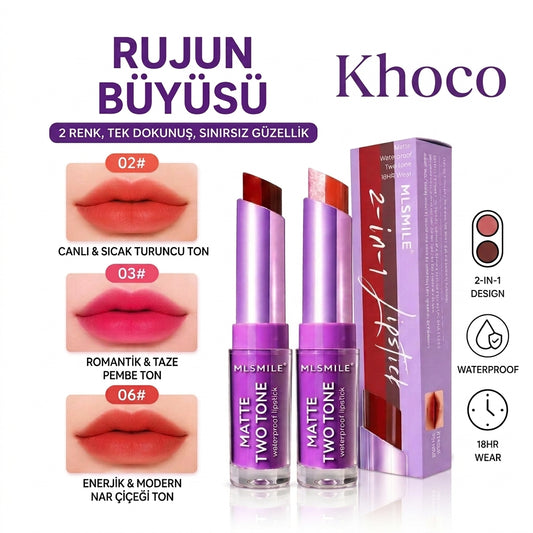 Khoco Çift Renkli Mat Ruj - Suya Dayanıklı & Kalıcı İki Renkli Ruj